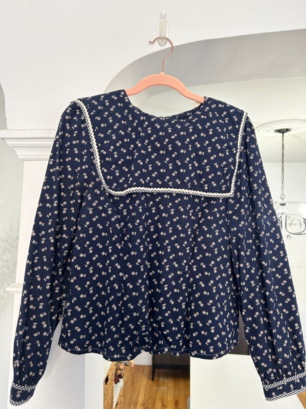 Doen Navy Floral Square-Yoke Blouse with Contrast Braid